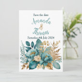 Elegant Blauwgroen & Goud Bloemen sparen de datum Kaart (Staand voorkant)