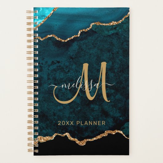 Elegant Blauwgroen Goud Glitter Agaat Monogram 202 Planner (Voorkant)