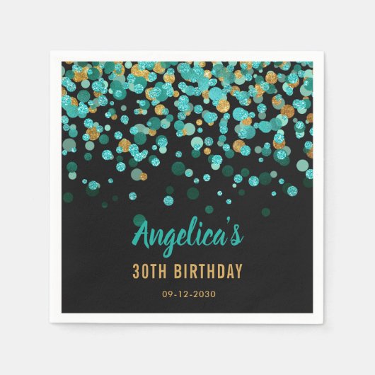 Elegant Blauwgroen Goud Glitter Confetti Zwart Ver Servet (Voorkant)