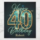 Elegant Blauwgroen & Goud Metallic Mozaïek 40e Ver Wijn Etiket (Enkel label)