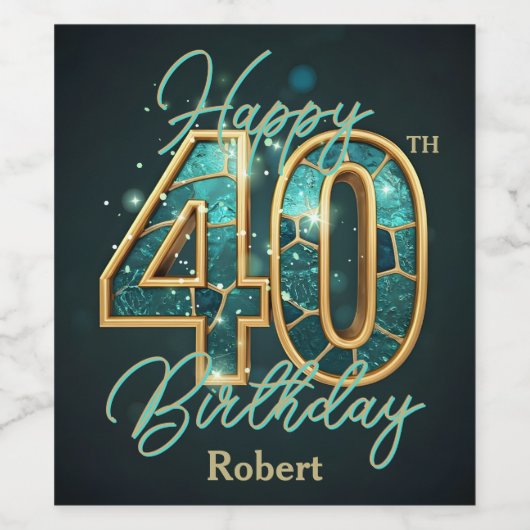 Elegant Blauwgroen & Goud Metallic Mozaïek 40e Ver Wijn Etiket (Enkel label)