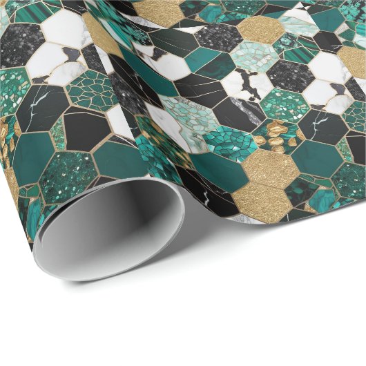 Elegant Blauwgroen, Goud & Zwart Geometrisch Marme Cadeaupapier (Rol Hoek)