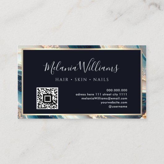 Elegant Blauwgroen goudmarmer Agate Geode QR Code Visitekaartje (Achterkant)