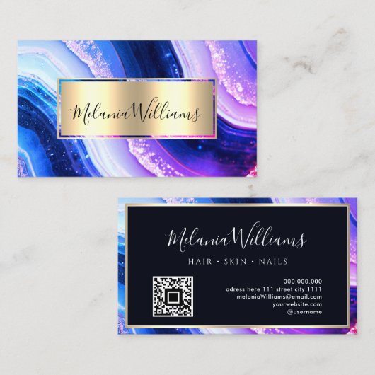 Elegant Blauwgroen goudmarmer Agate Geode QRCode P Visitekaartje (Voorkant / Achterkant)