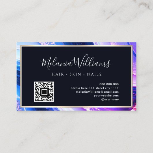 Elegant Blauwgroen goudmarmer Agate Geode QRCode P Visitekaartje (Achterkant)