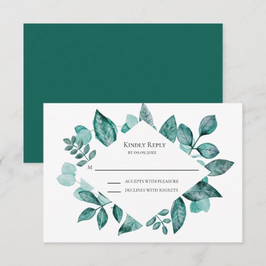Elegant Blauwgroen Greenery Response, Waterverf We RSVP Kaartje (Voorkant / Achterkant)