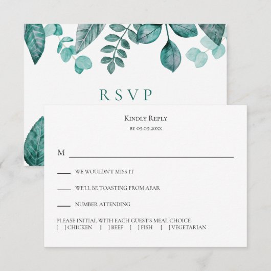Elegant Blauwgroen Greenery Response, Waterverf We RSVP Kaartje (Voorkant / Achterkant)