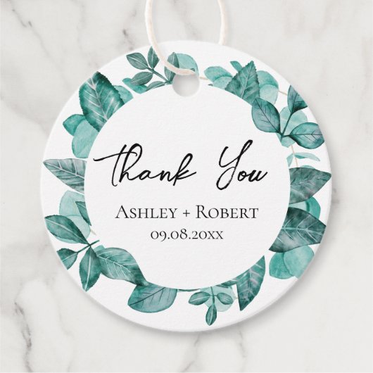 Elegant Blauwgroen Greenery Waterverf Modern Weddi Bedankjes Labels (Voorkant)