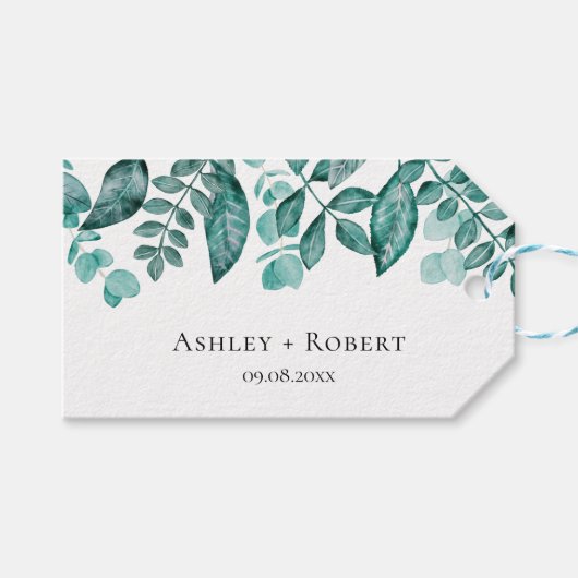Elegant Blauwgroen Greenery Waterverf Modern Weddi Cadeaulabel (Voorkant (Horizontaal))