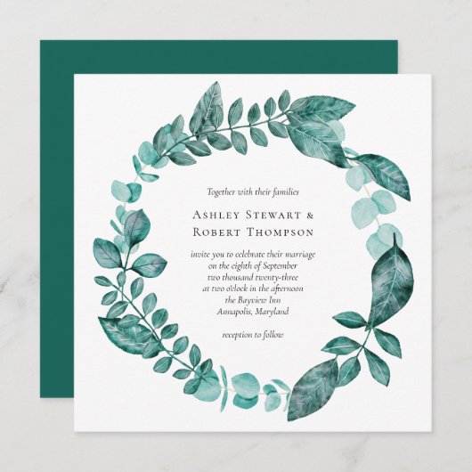Elegant Blauwgroen Greenery Waterverf Modern Weddi Kaart (Voorkant / Achterkant)