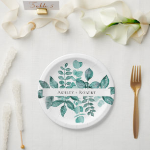 Elegant Blauwgroen Greenery Waterverf Modern Weddi Papieren Bordje