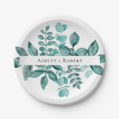Elegant Blauwgroen Greenery Waterverf Modern Weddi Papieren Bordje (Voorkant)