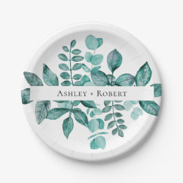 Elegant Blauwgroen Greenery Waterverf Modern Weddi Papieren Bordje