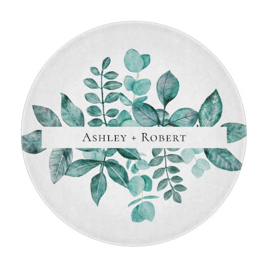 Elegant Blauwgroen Greenery Waterverf Modern Weddi Snijplank (Voorkant)