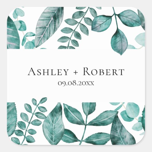 Elegant Blauwgroen Greenery Waterverf Modern Weddi Vierkante Sticker (Voorkant)