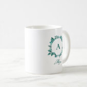 Elegant Blauwgroen Greenery Waterverf Monogram Koffiemok (Voorkant rechts)