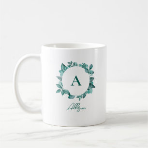 Elegant Blauwgroen Greenery Waterverf Monogram Koffiemok