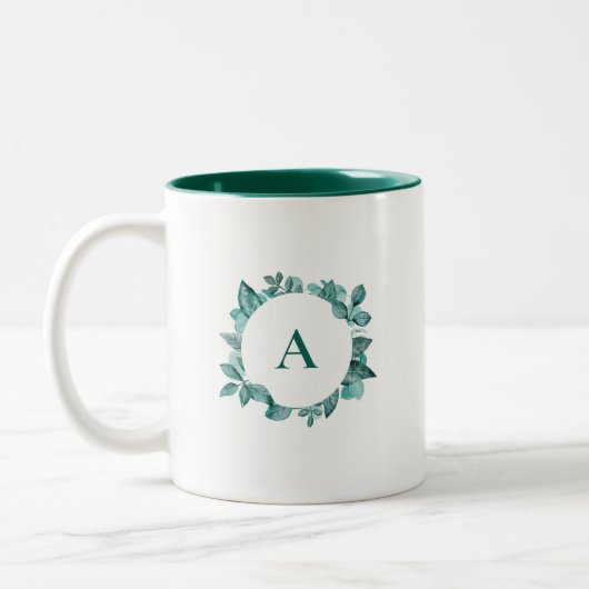 Elegant Blauwgroen Greenery Waterverf Monogram Tweekleurige Koffiemok (Links)