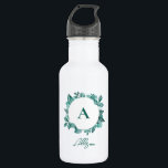 Elegant Blauwgroen Greenery Waterverf Monogram Waterfles<br><div class="desc">Prachtige blauwgroen groenery legt een elegante verklaring af. U kunt zich aanpassen aan uw informatie en de formulering wijzigen.</div>