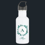 Elegant Blauwgroen Greenery Waterverf Monogram Waterfles<br><div class="desc">Prachtige blauwgroen groenery legt een elegante verklaring af. U kunt zich aanpassen aan uw informatie en de formulering wijzigen.</div>