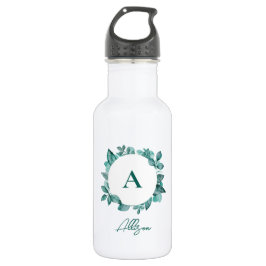 Elegant Blauwgroen Greenery Waterverf Monogram Waterfles