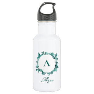 Elegant Blauwgroen Greenery Waterverf Monogram Waterfles