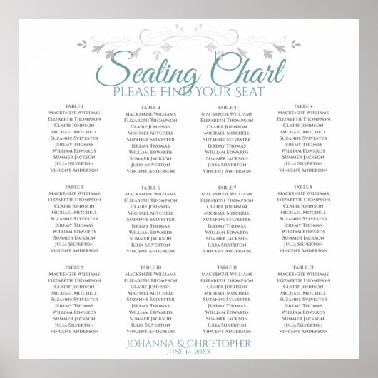 Elegant Blauwgroen & grijs 12-tabel weddenschapenk Poster (Voorkant)