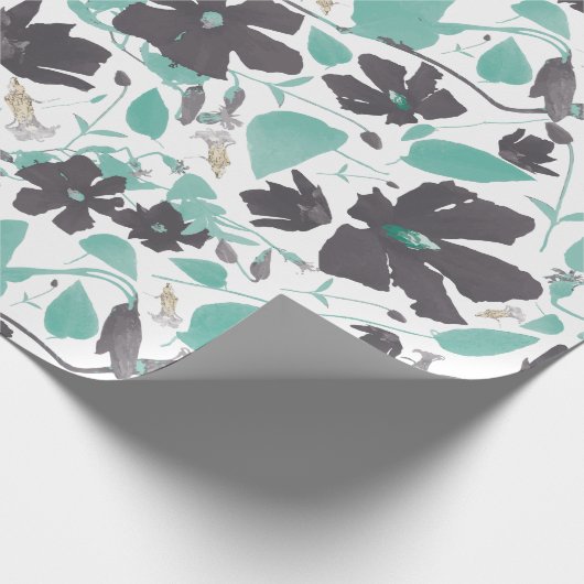 Elegant Blauwgroen grijs bruin Clematis Floral Pat Cadeaupapier (Hoek)