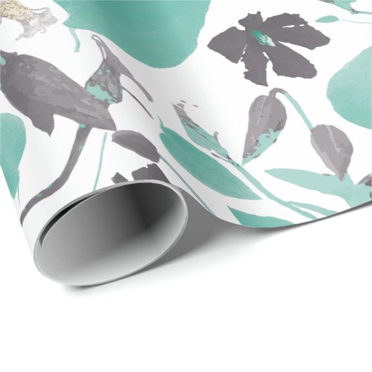 Elegant Blauwgroen grijs bruin Clematis Floral Pat Cadeaupapier (Rol Hoek)