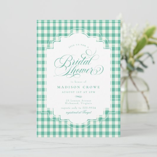 Elegant Blauwgroen Groen Gingham Script Vrijgezell Kaart (Staand voorkant)