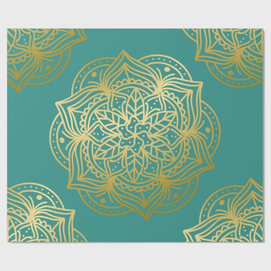 Elegant Blauwgroen groen goudpatroon Mandala Patte Cadeaupapier (Vlak)