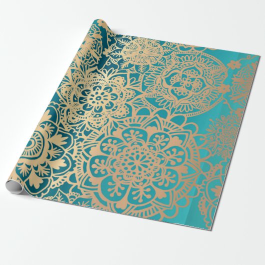 Elegant Blauwgroen groen goudpatroon Mandala Patte Cadeaupapier (Uitgerold)