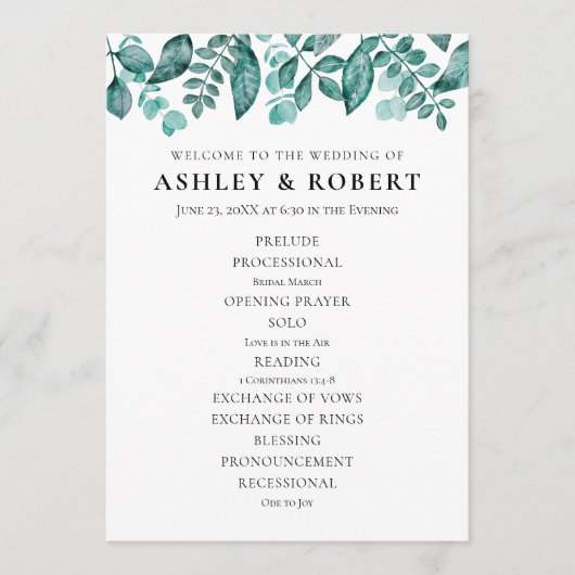 Elegant Blauwgroen groen laat trouwceremonie Programmakaart (Voorkant)