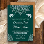Elegant Blauwgroen Henna Indian Wedding Invitation Kaart<br><div class="desc">Verrijk je gasten met deze traditionele trouwuitnodiging met een elegante hennekunst en prachtig versierde olifanten tegen een blauwgroen achtergrond. Voeg eenvoudig uw gebeurtenisdetails op deze makkelijk te gebruiken sjabloon toe om het één-van-een-soort uitnodiging te maken. Deze kaart is volledig aanpasbaar. Alle teksten zijn editable en de achtergrondkleur kan gemakkelijk worden...</div>