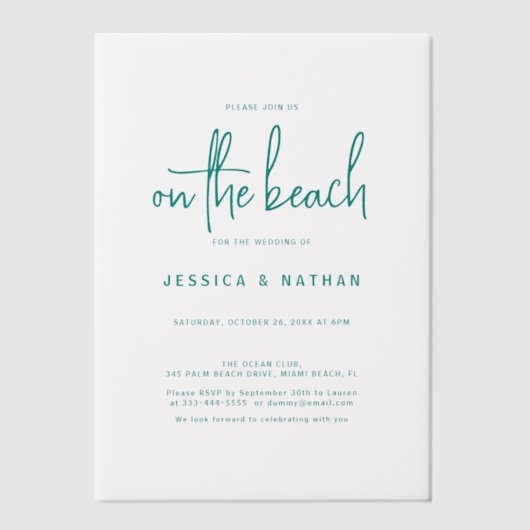Elegant Blauwgroen Het strand Modern Wedding Vellum Uitnodigingen (Voorkant)