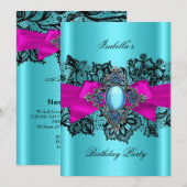 Elegant Blauwgroen Hot Pink Blauwe Birthday Party Kaart (Voorkant / Achterkant)