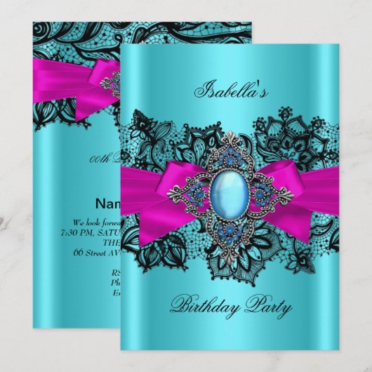 Elegant Blauwgroen Hot Pink Blauwe Birthday Party Kaart (Voorkant / Achterkant)