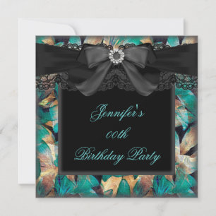 Elegant Blauwgroen Jade Floral Black Lace Birthday Kaart