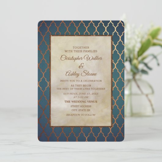 Elegant Blauwgroen koper bruiloft Kaart (Staand voorkant)