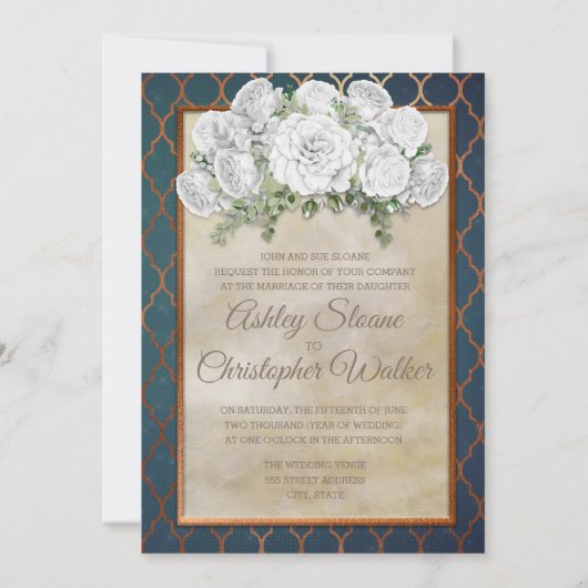 Elegant Blauwgroen koper White Floral Wedding Invi Kaart (Voorkant)