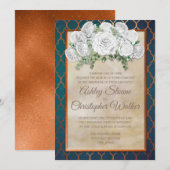 Elegant Blauwgroen koper White Floral Wedding Invi Kaart (Voorkant / Achterkant)