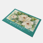 Elegant Blauwgroen Magnolia Floral Welcome Script Deurmat (Schuin)