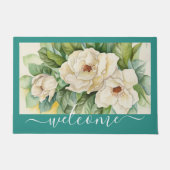 Elegant Blauwgroen Magnolia Floral Welcome Script Deurmat (Voorkant)