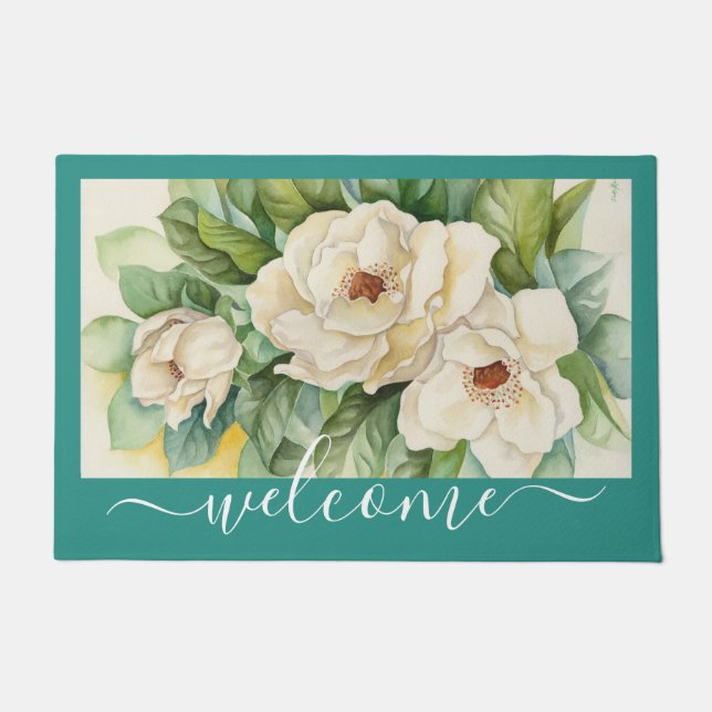 Elegant Blauwgroen Magnolia Floral Welcome Script Deurmat (Voorkant)