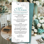 Elegant Blauwgroen met zilveren wervelingen op wit Menu<br><div class="desc">Dit prachtige menu zal wat stijl toevoegen aan uw huwelijksreceptie. Het heeft een prachtig ontwerp met zilvergrijze faux folie krullen en wervelingen op een klassieke witte achtergrond, met blauwgroen of turquoise gekleurde tekst en een gemarmerde achterkant. Er is ruimte voor de namen van het paar en de trouwdatum, en de...</div>