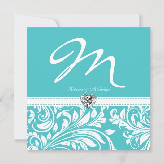Elegant Blauwgroen Monogram Wedding Invites with D Kaart (Voorkant)
