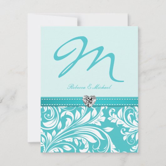 Elegant Blauwgroen Monogram Wedding Invites with D Kaart (Voorkant)
