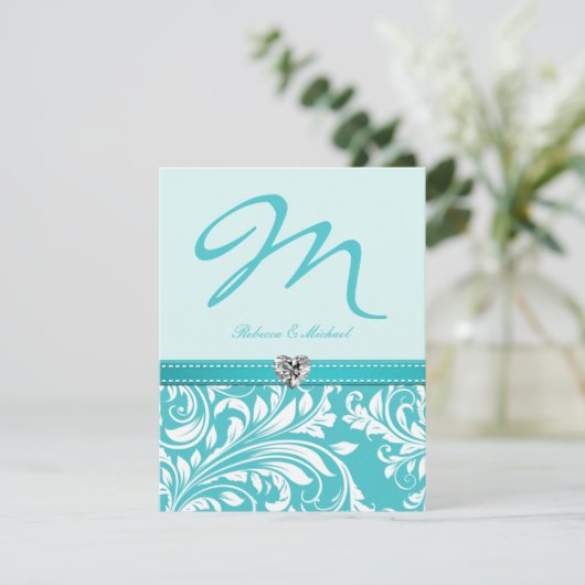 Elegant Blauwgroen Monogram Wedding Invites with D Kaart (Staand voorkant)