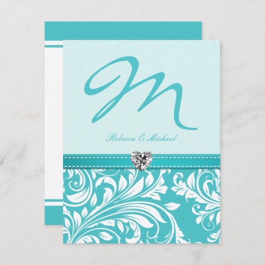 Elegant Blauwgroen Monogram Wedding Invites with D Kaart (Voorkant / Achterkant)