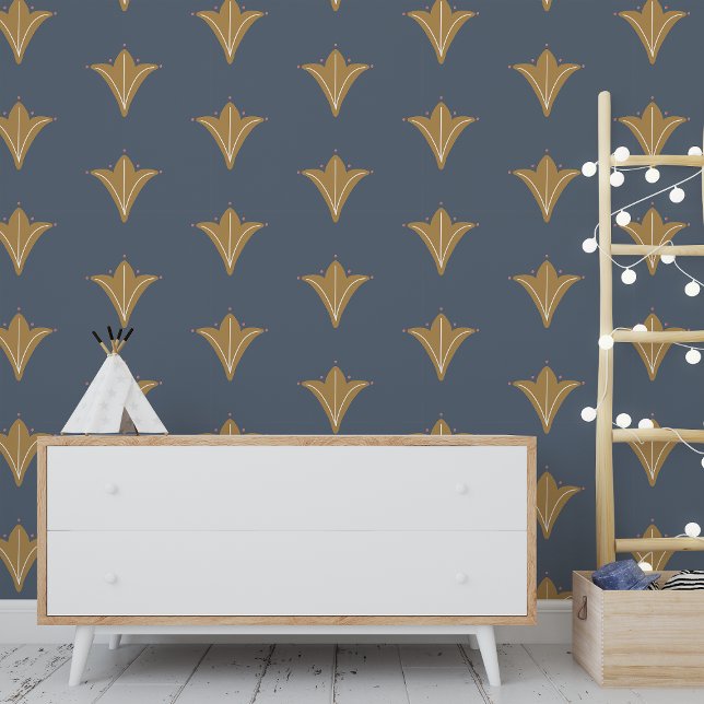 Elegant Blauwgroen Mosterd Nordic Pattern Behang (Elegant Teal Mustard Nordic Pattern Wallpaper)